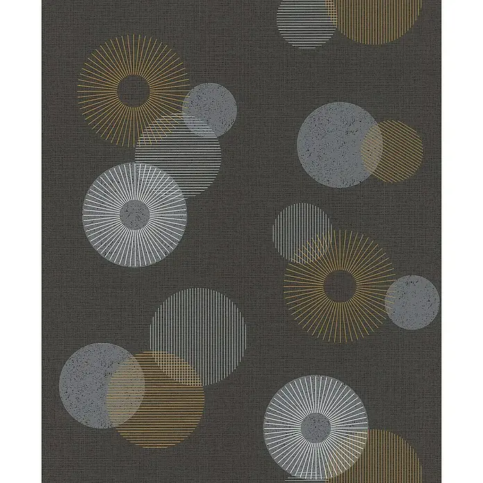 Rasch Color your life Vliestapete Kreise - Anthrazit, Grafisch, 10,05 x 0,53 m - Stilvolle Tapete mit überlappenden Kreisen in Gold, Grau und Weiß auf dunklem Hintergrund. Modernes Design für ein elegantes Ambiente.
