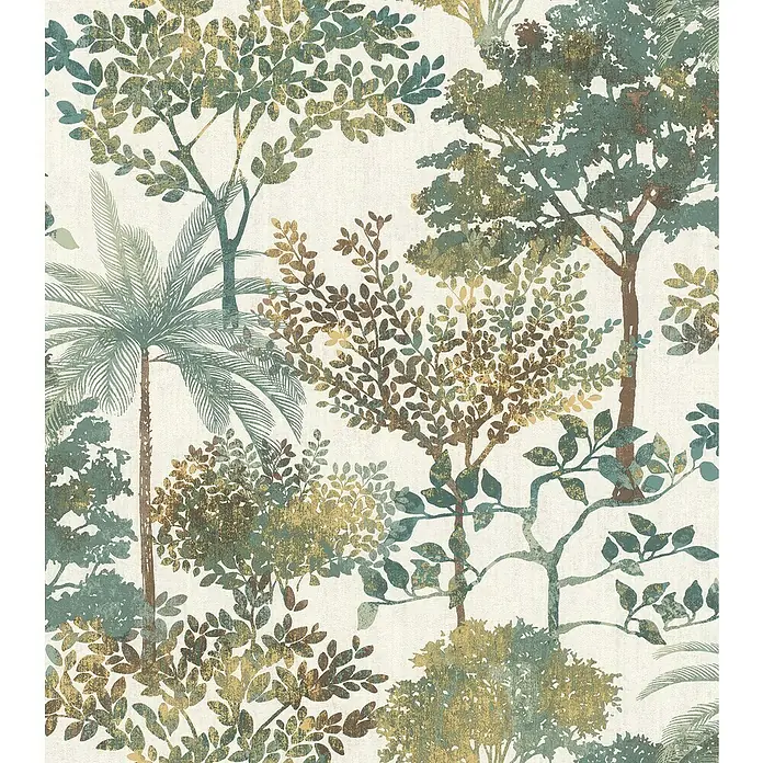 Rasch Symphony Vliestapete Nature - Petrol dunkel, Floral, 10,05 x 0,53 m - Detailaufnahme eines Stoffmusters mit Bäumen und Blättern in Grün- und Brauntönen auf beigem Hintergrund.