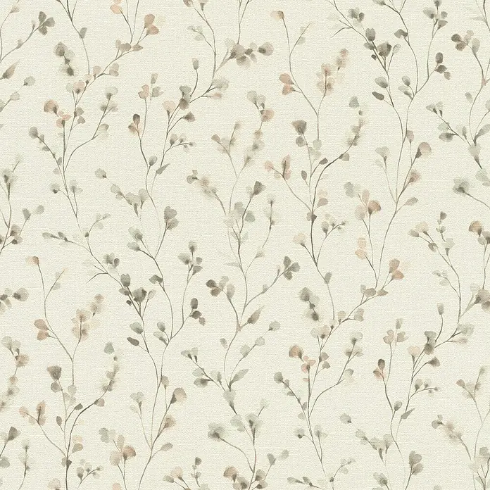 Rasch Country Charme Vliestapete Zweige - Taupe, Floral, 10,05 x 0,53 m - Elegantes Muster mit zarten Blumenranken und Blättern in sanften Braun- und Grautönen auf einem cremefarbenen Hintergrund, ideal für stilvolle Wandgestaltung.