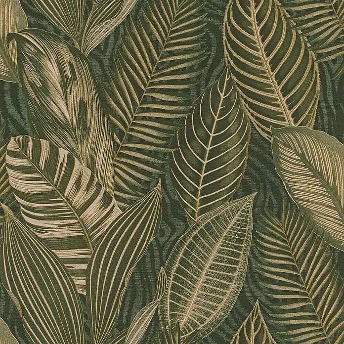 Rasch African Queen III Vliestapete Blätter - Dunkelgrün, Floral, 10,05 x 0,53 m - Elegantes Blattmuster: Dunkelgrüne und goldene Blätter zieren diese Tapete und verleihen jedem Raum eine luxuriöse und natürliche Note.