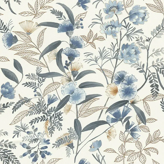 Rasch Symphony Vliestapete Blumen - Hellblau, Floral, 10,05 x 0,53 m - Elegantes florales Muster mit blauen und goldenen Akzenten, ideal für stilvolle Wohnaccessoires.