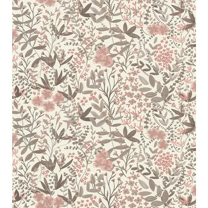Rasch Country Charme Vliestapete Blätterranken - Hellrosa, Floral, 10,05 x 0,53 m - Elegantes florales Muster mit zarten rosa und grauen Farbtönen auf einem strukturierten Hintergrund für stilvolle Wanddekoration.