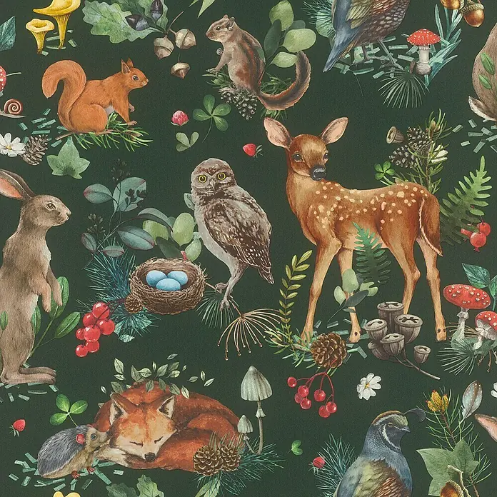 Rasch Kids World Vliestapete Tiere - Dunkelgrün, Tieroptik, 10,05 x 0,53 m - Illustration mit Waldtieren wie Eichhörnchen, Hase, Reh und Fuchs auf dunkelgrünem Hintergrund.
