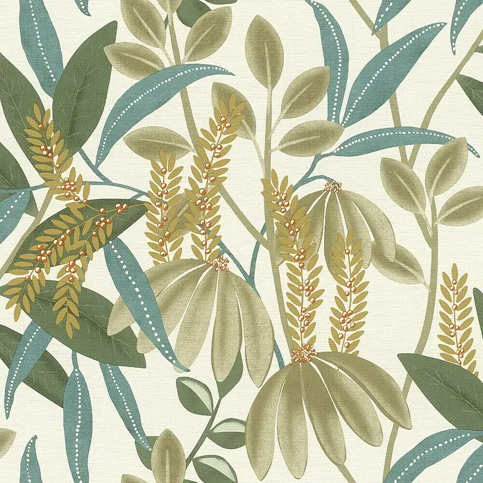 Rasch Country Charme Vliestapete Blätter - Moosgrün, Floral, 10,05 x 0,53 m - Ein detailliertes Muster mit Blättern, Blumen und Beeren in Grün-, Blau- und Brauntönen, ideal für stilvolle Wanddekorationen.