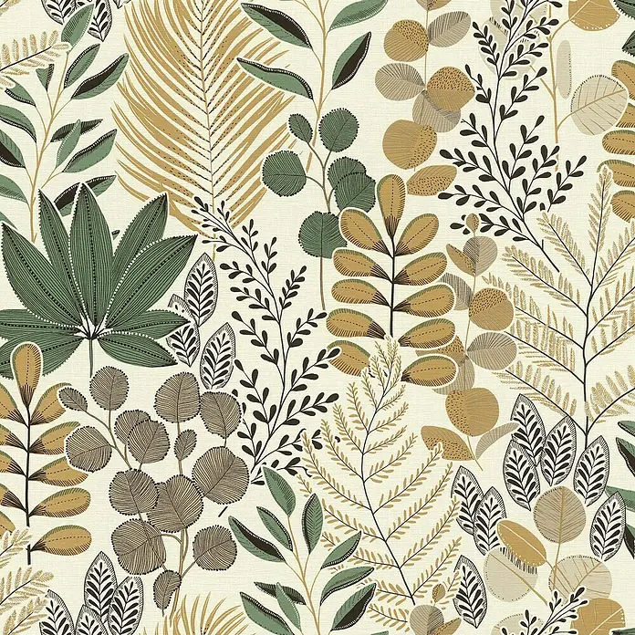Rasch Symphony Vliestapete Pflanzen - Salbei, Floral, 10,05 x 0,53 m - Ein nahtloses Muster mit einer Vielzahl stilisierter Pflanzen, darunter Farnwedel, große Blätter und runde Blätter, in Grün-, Gold- und Brauntönen.