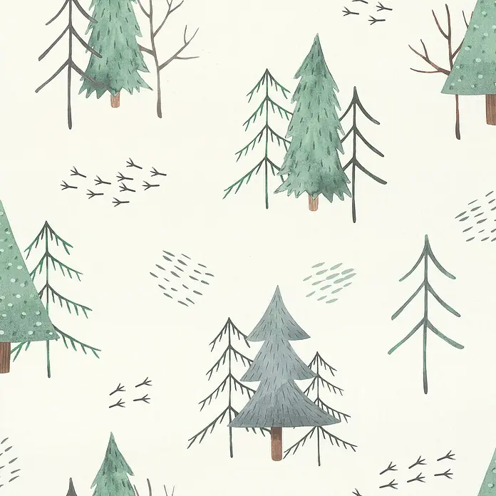 Rasch Kids World Vliestapete Natur - Dunkelgrün, Floral, 10,05 x 0,53 m - Nahtloses Aquarellmuster mit stilisierten grünen Kiefern, kahlen Ästen, Vogelspuren und abstrakten Strichen.