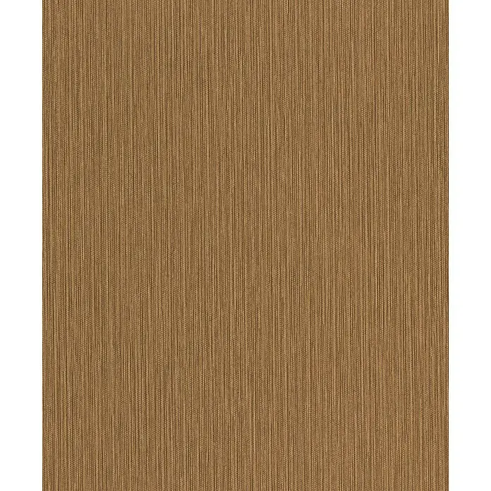 Rasch Curiosity Vliestapete Längsstruktur-Uni - Cognac, Uni, 10,05 x 0,53 m - Nahaufnahme eines strukturierten, senkrechten Wandbelags in warmen Brauntönen, der eine textile Oberfläche imitiert.