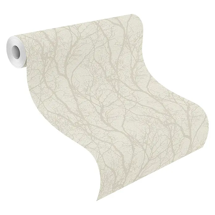 Rasch Tapetenwechsel Vliestapete Äste - Beige/Weiß, Floral, 10,05 x 0,53 m - Nahaufnahme einer Rolle stilvoller Tapete mit filigranem Baumzweig-Design, perfekt für eine elegante Wandgestaltung im Wohnraum.