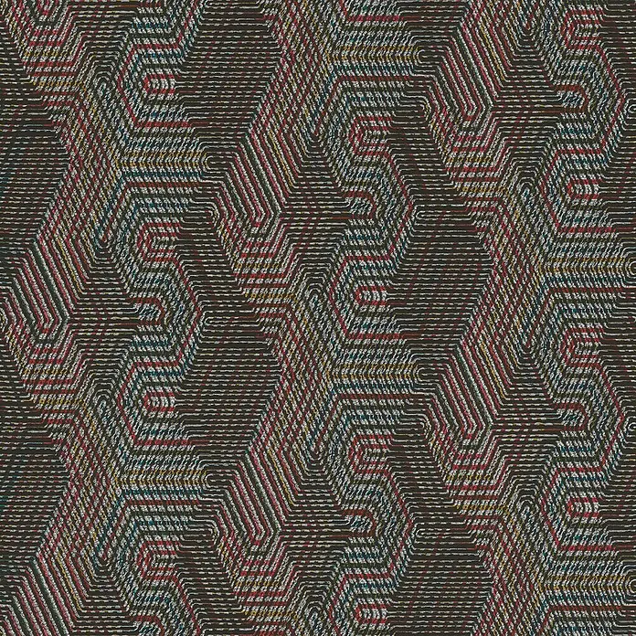 Rasch African Queen III Vliestapete Ethnomuster - Dunkelrot, Grafisch, 10,05 x 0,53 m - Abstraktes Muster mit geometrischen Formen und horizontalen Linien in Rot-, Blau-, Gelb- und Grautönen auf dunklem Hintergrund.