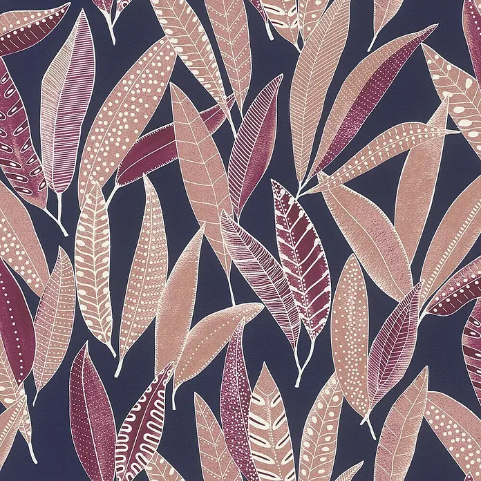 Rasch Symphony Vliestapete Blätter - Nachtblau, Floral, 10,05 x 0,53 m - Elegantes botanisches Muster-Tapetendesign mit stilisierten Blättern in Rosa- und Burgundertönen auf marineblauem Grund.