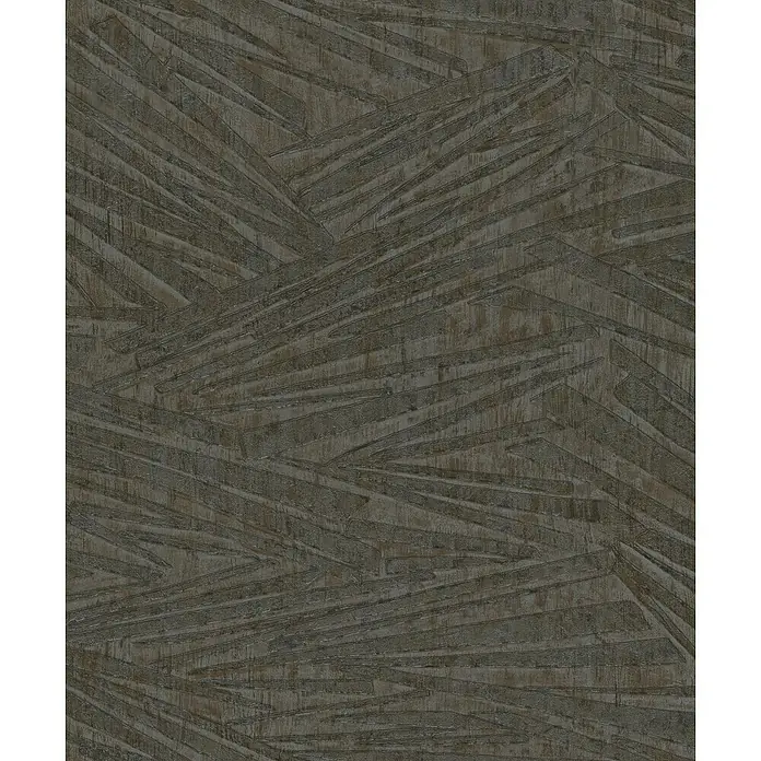 Rasch Sky Lounge Vliestapete Mikado - Dunkelgrau, Grafisch, 10,05 x 0,53 m - Nahaufnahme einer strukturierten Wand mit einem geometrischen Muster in dunklen Erdtönen. Die Oberfläche wirkt rau und unregelmäßig.