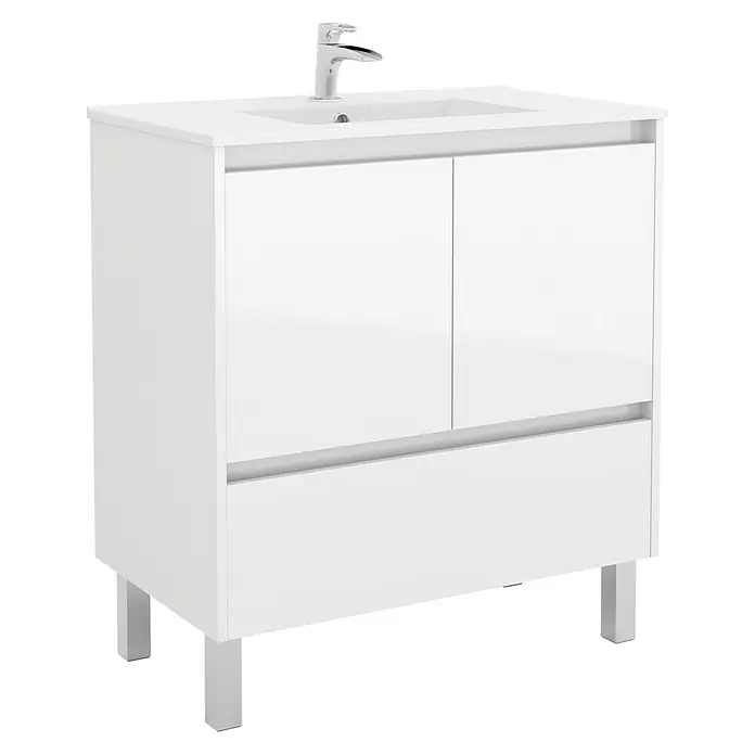 Mueble bajo de lavabo Isla - An x Pr x Al: 80 x 45,5 x 86,8 cm, Blanco - Mueble de lavabo blanco con dos puertas, un cajón y un lavabo con grifo, ideal para el baño moderno.