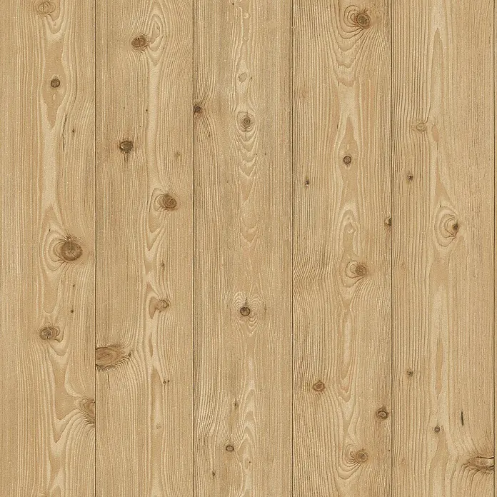 Rasch Symphony Vliestapete Industrial Holz - Naturbraun, Holzoptik, 10,05 x 0,53 m - Detailansicht einer Wandverkleidung aus hellem Kiefernholz mit Ästen, die eine warme und natürliche Atmosphäre vermittelt.