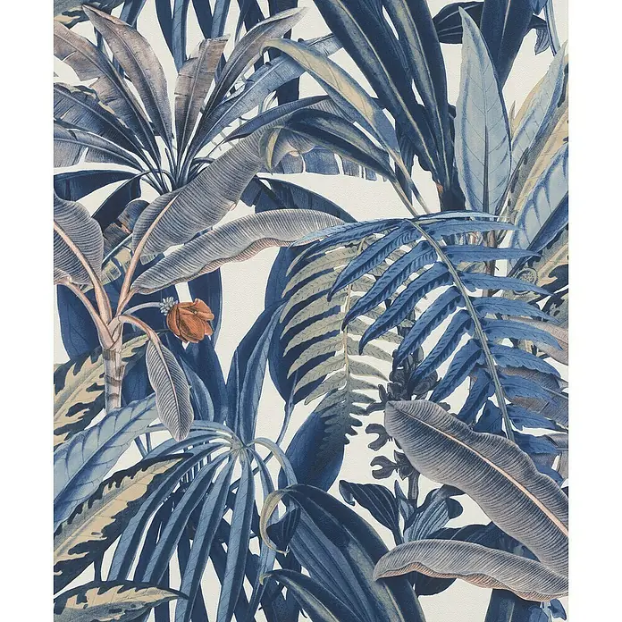 Rasch Symphony Vliestapete Blätter Dschungel - Dunkelblau, Floral, 10,05 x 0,53 m - Detailansicht tropischer Blätter in verschiedenen Blautönen, die eine exotische und beruhigende Atmosphäre schaffen.
