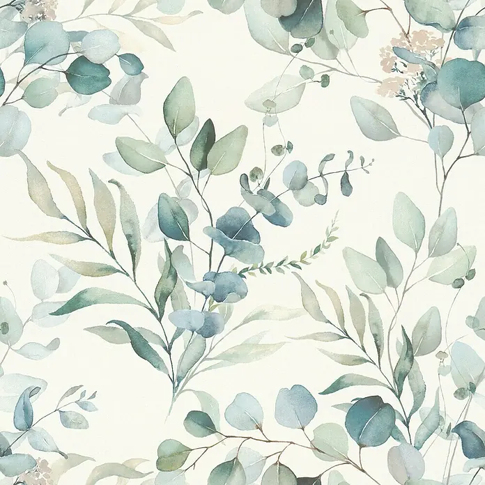 Rasch Kids World Vliestapete Blätter - Petrol hell, Floral, 10,05 x 0,53 m - Aquarell-Blattmuster: Zarte grüne und blaue Blätter auf cremefarbenem Hintergrund, ideal für stilvolle Dekorationen und Designs.