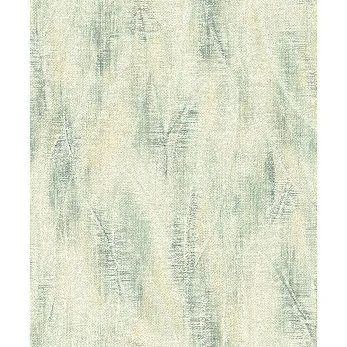 Rasch Country Charme Vliestapete Blätter Pastell - Hellgrün, Floral, 10,05 x 0,53 m - Die Tapete imitiert einen Stoff mit abstrakten, hellen und bläulichen Pinselstrichen. Sie verleiht jedem Raum eine moderne, künstlerische Note.