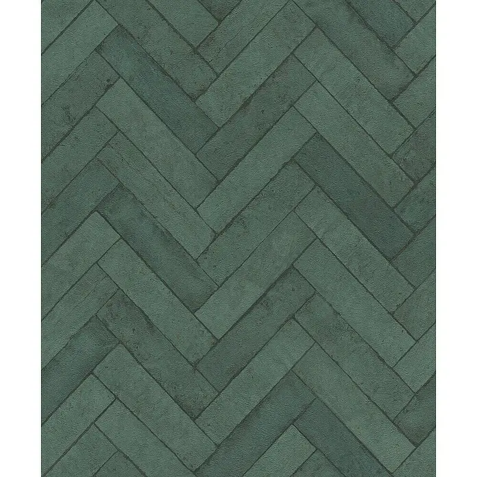 Rasch Factory V Vliestapete Bricks - Flaschengrün, Steinoptik, 10,05 x 0,53 m - Ein grüner Backsteinboden im Fischgrätmuster. Die Ziegel haben eine Textur und sind in verschiedenen Grüntönen gehalten, was ein stilvolles Aussehen verleiht.