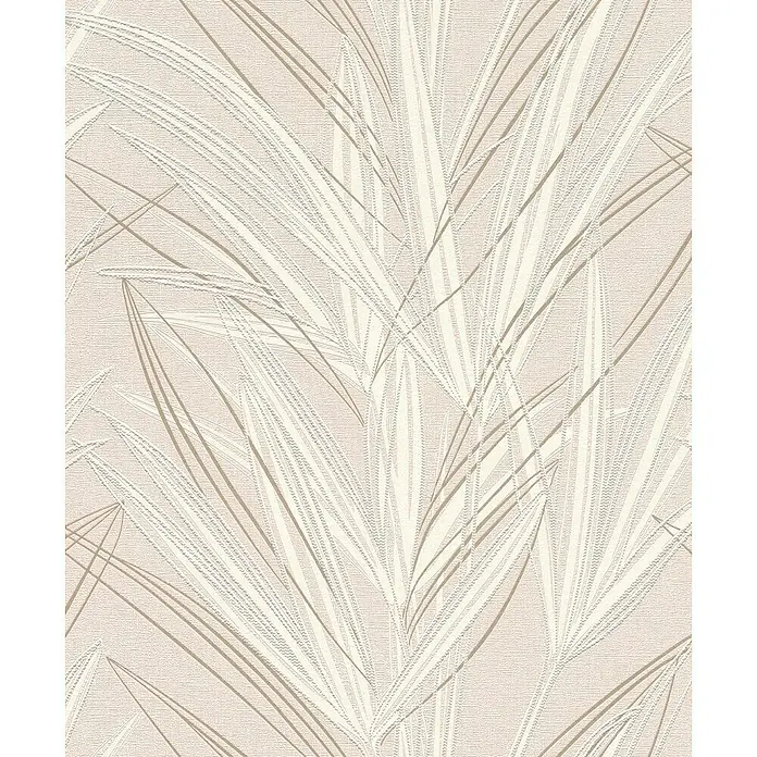 Rasch Welcome home Vliestapete Gräser - Rosé, Floral, 10,05 x 0,53 m - Ein elegantes rosafarbenes Tapetenmuster mit stilisierten Blattmotiven in Weiß und Beige, das eine beruhigende und moderne Atmosphäre schafft.