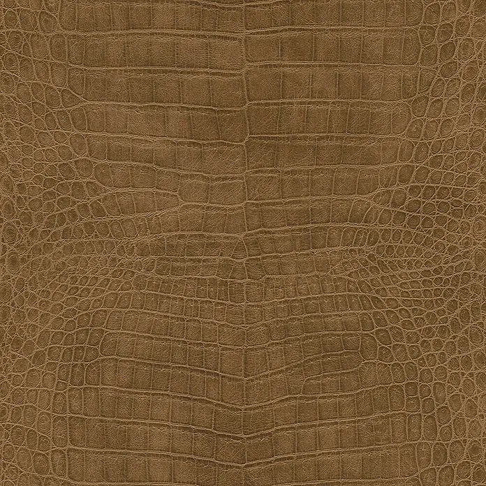 Rasch African Queen III Vliestapete Krokodilleder - Dunkelbraun, Lederoptik, 10,05 x 0,53 m - Detailaufnahme eines luxuriösen Accessoires: Textur aus edlem, braunem Krokodilleder mit markanter Narbung, die hochwertige Qualität vermittelt.