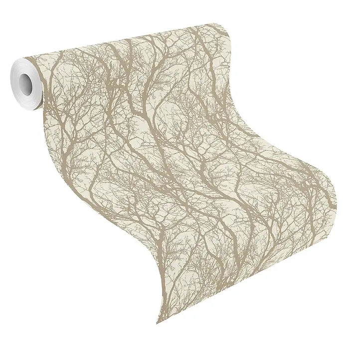 Rasch Tapetenwechsel Vliestapete Äste - Beige/Bronze, Floral, 10,05 x 0,53 m - Eine Rolle beigefarbene Tapete mit einem zarten Baumzweigmuster, ideal für eine elegante Wandgestaltung.