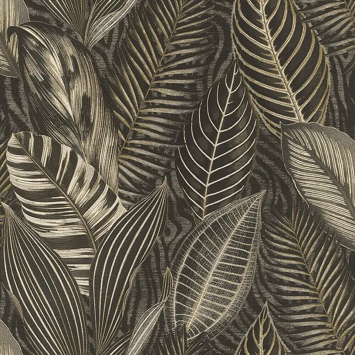 Rasch African Queen III Vliestapete Blätter - Mattschwarz, Floral, 10,05 x 0,53 m - Detailansicht einer Tapete mit tropischen Blättern in dunklen Farbtönen und goldenen Akzenten. Elegantes Design für moderne Innenräume.