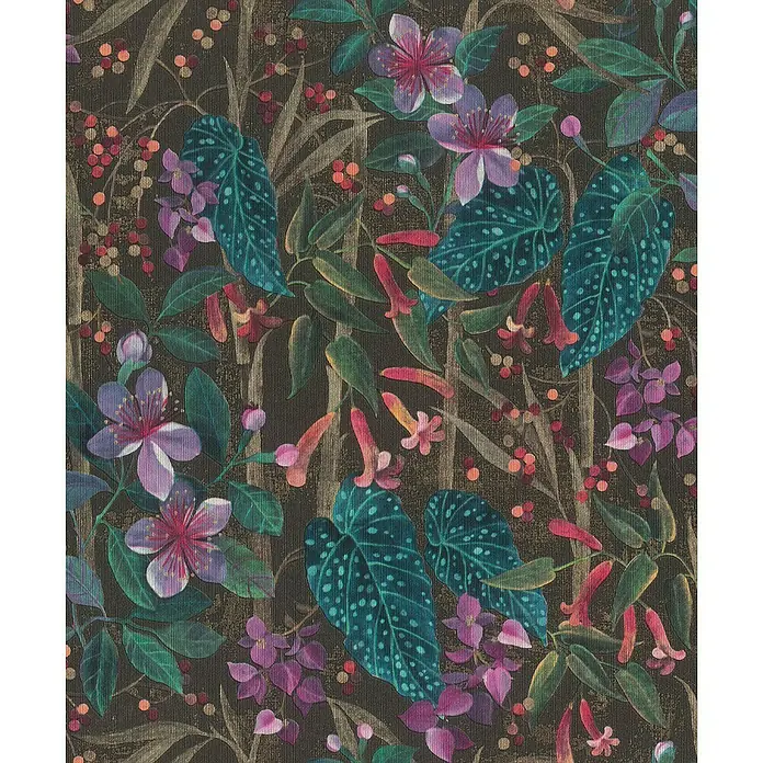 Rasch Curiosity Vliestapete Pflanzen - Offblack, Floral, 10,05 x 0,53 m - Dunkles florales Muster mit stilisierten Blumen, Blättern und Beeren in satten Farben.
