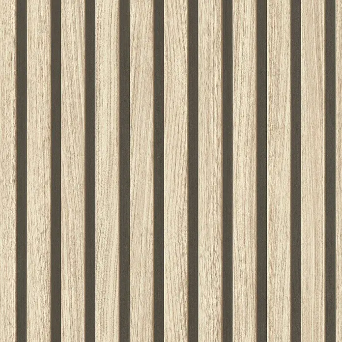 Rasch Factory V Vliestapete Akustikpaneel-Optik - Hellbeige, Holzoptik, 10,05 x 0,53 m - Stilvolle Wandverkleidung mit Holzlamellen in hellem Holzton und dunklem Hintergrund für moderne Innenräume.