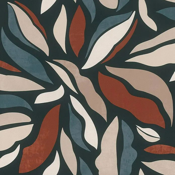 Rasch Symphony Vliestapete Muster - Rostrot, Grafisch, 10,05 x 0,53 m - Abstrakte Blätter in Beige, Braun, Blau auf dunklem Grund, ein dekoratives Muster für Textilien und Wandgestaltung.