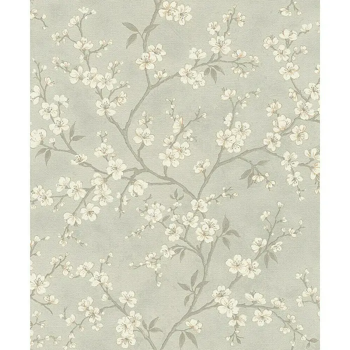 Rasch Country Charme Vliestapete Kirschblüten - Graugrün, Floral, 10,05 x 0,53 m - Zarter Blütentapeten-Hintergrund mit feinen Blütenzweigen in sanften Farben, die eine beruhigende und elegante Atmosphäre schaffen.