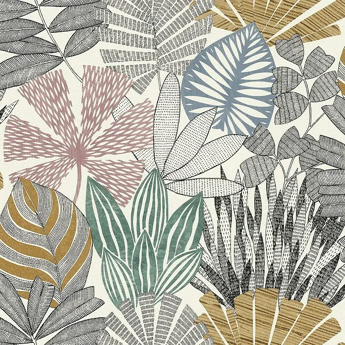 Rasch Symphony Vliestapete Nature - Bunt, Floral, 10,05 x 0,53 m - Ein tropisches Blättermuster mit verschiedenen Farben und Texturen, das eine üppige und einladende Atmosphäre schafft.