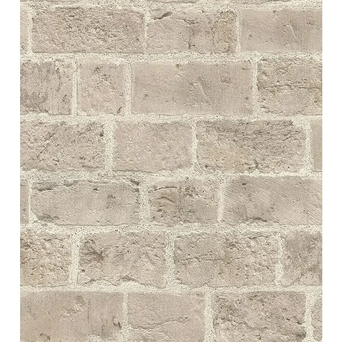 Rasch Symphony Vliestapete Backstein - Dunkelbeige, Steinoptik, 10,05 x 0,53 m - Detailaufnahme einer sandfarbenen Ziegelmauer mit rustikaler Struktur, ideal für Innen- und Außenbereiche.