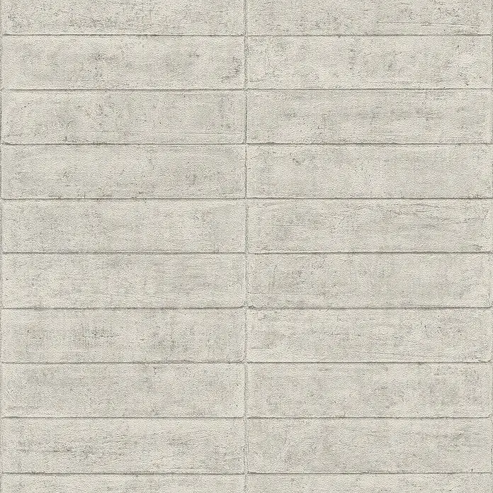 Rasch Factory V Vliestapete Beton - Greige, Steinoptik, 10,05 x 0,53 m - Nahaufnahme einer Betonwandtapete mit horizontalen Rechtecken und einer subtilen Textur, die einen industriellen Look erzeugt.