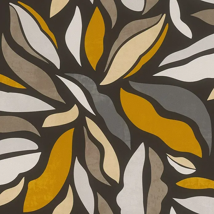 Rasch Symphony Vliestapete Muster - Ocker, Grafisch, 10,05 x 0,53 m - Ein abstraktes Blattmuster mit gelben, grauen und beigen Blättern auf einem dunklen Hintergrund, das ein modernes und stilvolles Designelement darstellt.
