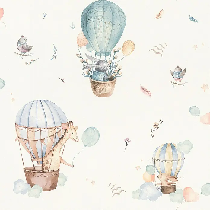 Rasch Kids World Vliestapete Ballon - Helltürkis, Tieroptik, 10,05 x 0,53 m - Buntes Muster mit niedlichen Tieren in Heißluftballons und verspielten Dekorationen auf zartem Hintergrund.