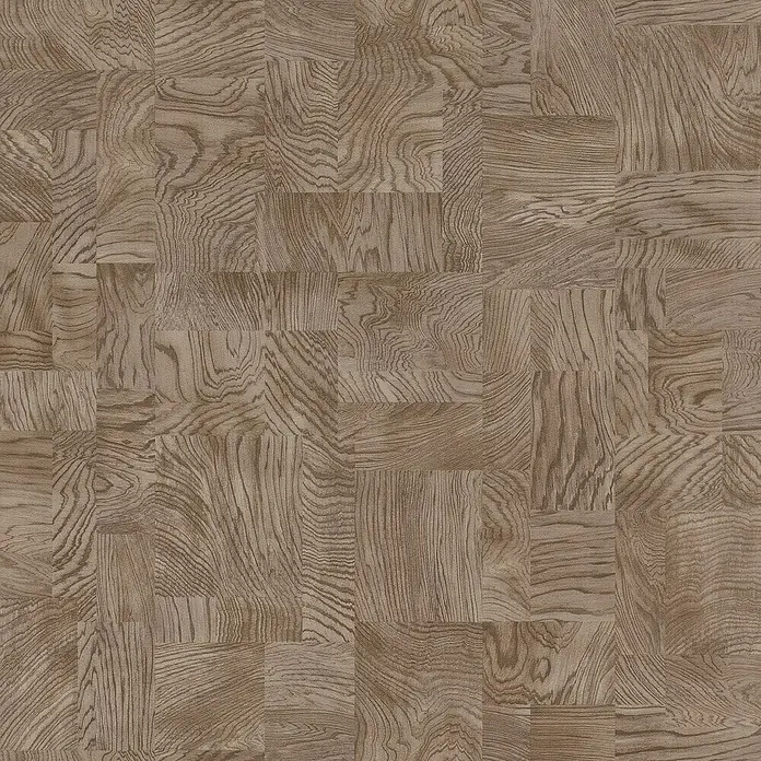 Rasch African Queen III Vliestapete Holz - Mittelbraun, Holzoptik, 10,05 x 0,53 m - Nahaufnahme eines braunen Parkettbodens mit einem natürlichen, holzähnlichen Muster und einer quadratischen Anordnung.