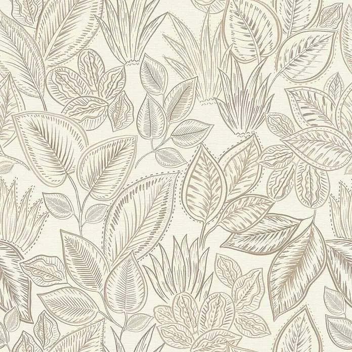 Rasch Country Charme Vliestapete Blätter - Hellbeige, Floral, 10,05 x 0,53 m - Nahtloses Muster mit tropischen Blättern in Beige und Braun, ideal für Wanddekorationen.