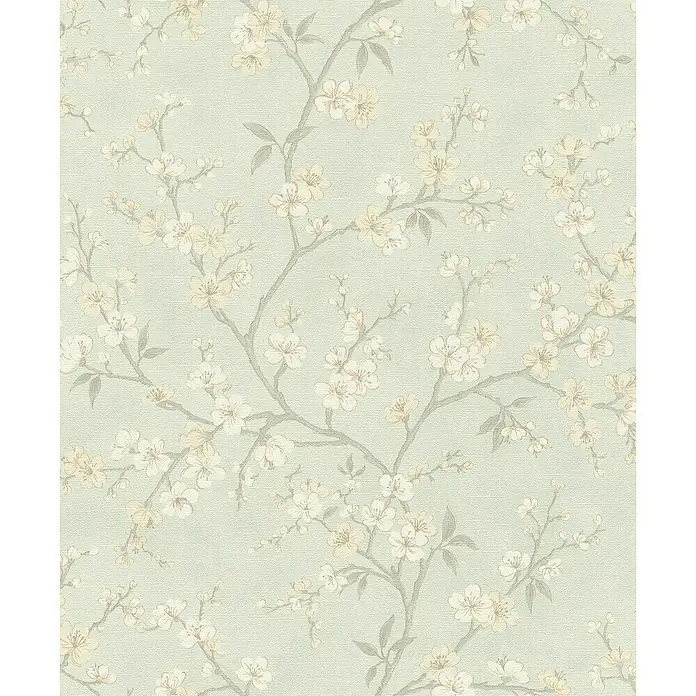 Rasch Country Charme Vliestapete Kirschblüten - Pastellblau, Floral, 10,05 x 0,53 m - Zarte florale Tapete mit blassgelben Blüten auf pastellgrünem Hintergrund. Eine elegante Wandgestaltung für ein ruhiges Ambiente.