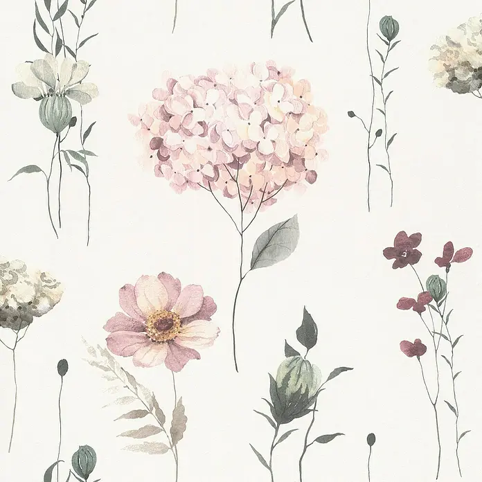 Rasch Kids World Vliestapete Blumen - Hellpink, Floral, 10,05 x 0,53 m - Zartes florales Muster mit rosa Hortensien und Wildblumen auf einem sanften, weißen Hintergrund. Romantische und elegante Optik.