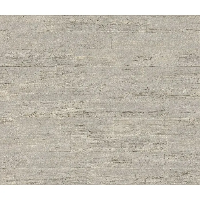 Rasch Curiosity Vliestapete Holzoptik - Hellgrau, Holzoptik, 10,05 x 0,53 m - Detailaufnahme von hellgrauen Bodenfliesen in Holzoptik mit subtiler Maserung für ein modernes Ambiente.