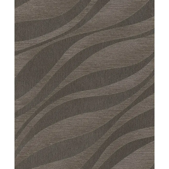Rasch Sky Lounge Vliestapete Wellen - Graubraun dunkel, Wellen, 10,05 x 0,53 m - Nahaufnahme einer braunen Tapete mit einem gewellten, dreidimensionalen Muster, das eine elegante Textur erzeugt.