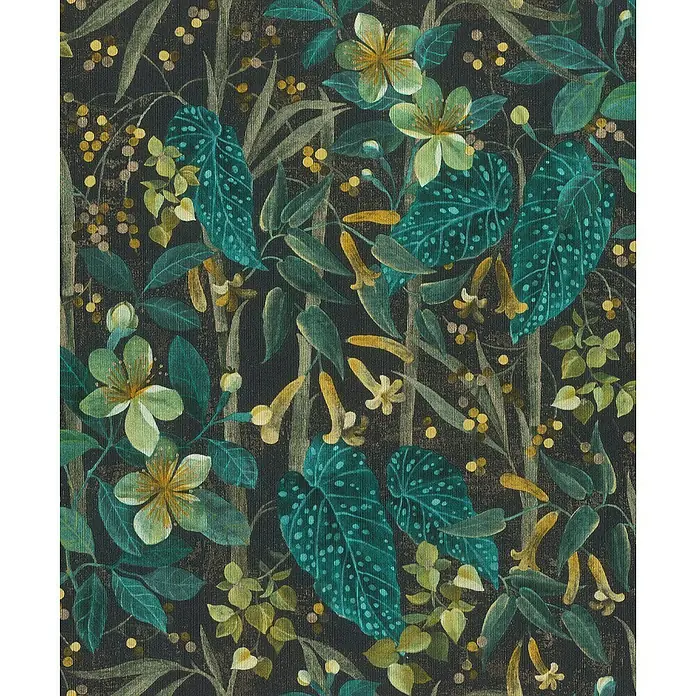 Rasch Curiosity Vliestapete Pflanzen - Demin, Floral, 10,05 x 0,53 m - Exotisches Muster mit Blumen und Blättern in Grün- und Goldtönen auf dunklem Hintergrund.