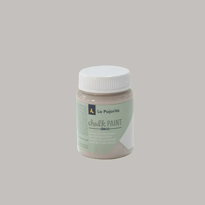La Pajarita Pintura de tiza Chalk Paint - Smooth gris, 75 ml, Mate - Primer plano de un tarro de La Pajarita Chalk Paint Deco en un tono neutro, ideal para proyectos de bricolaje y decoración del hogar.