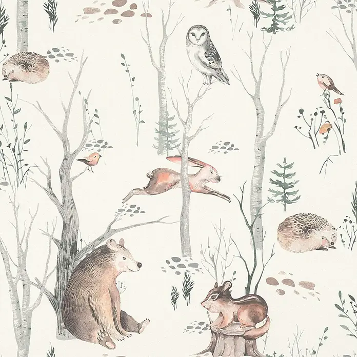 Rasch Kids World Vliestapete Tiere - Hellbraun, Tieroptik, 10,05 x 0,53 m - Illustration eines Waldmotivs mit Bär, Hase, Eule und Igel in sanften Farben, ideal für Kinderzimmer.