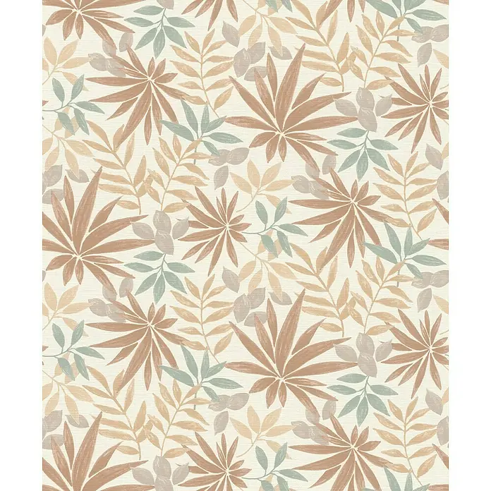 Rasch Country Charme Vliestapete Blätter - Dunkelbeige, Floral, 10,05 x 0,53 m - Illustration von Blättern in verschiedenen Brauntönen, Grün und Beige auf einem strukturierten Hintergrund. Elegantes Design für Wohnaccessoires.