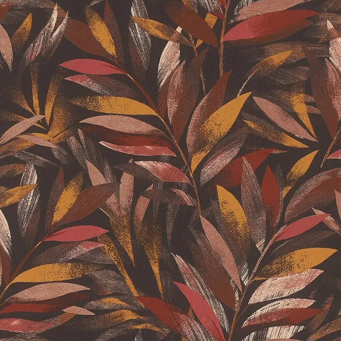 Rasch Symphony Vliestapete Blätter - Dunkelrot, Floral, 10,05 x 0,53 m - Ein auffälliges Tapetenmuster mit tropischen Blättern in Braun-, Gold- und Rottönen auf dunklem Hintergrund für eine warme Atmosphäre.