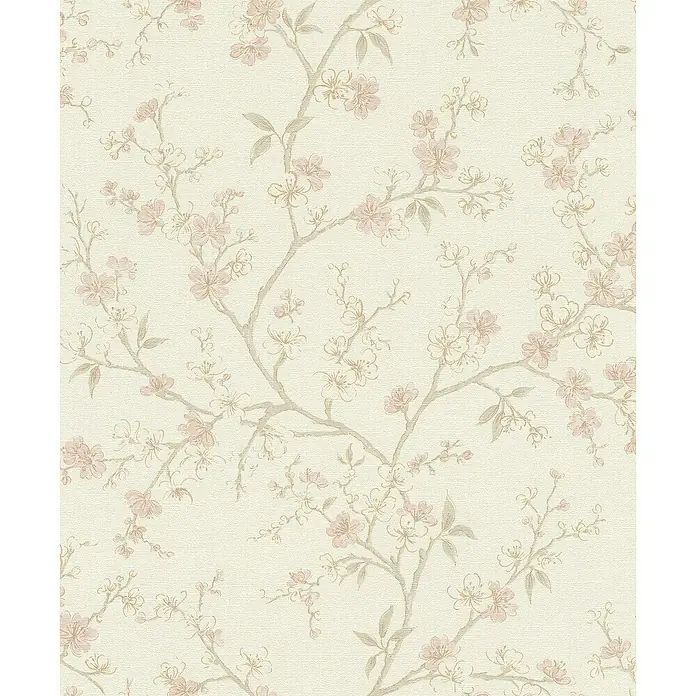 Rasch Country Charme Vliestapete Kirschblüten - Puderrosa, Floral, 10,05 x 0,53 m - Elegante Tapete mit zarten rosa Blüten auf einem cremefarbenen Hintergrund, die eine ruhige und stilvolle Atmosphäre schafft.