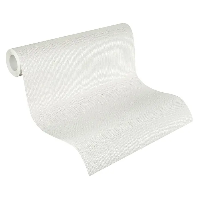 Rasch Vliestapete Längsstreifen - Weiß, Uni, 10,05 x 0,53 m - Nahaufnahme einer Rolle weißer Tapete mit feiner Textur und eleganter Optik, ideal für stilvolle Wandgestaltung.