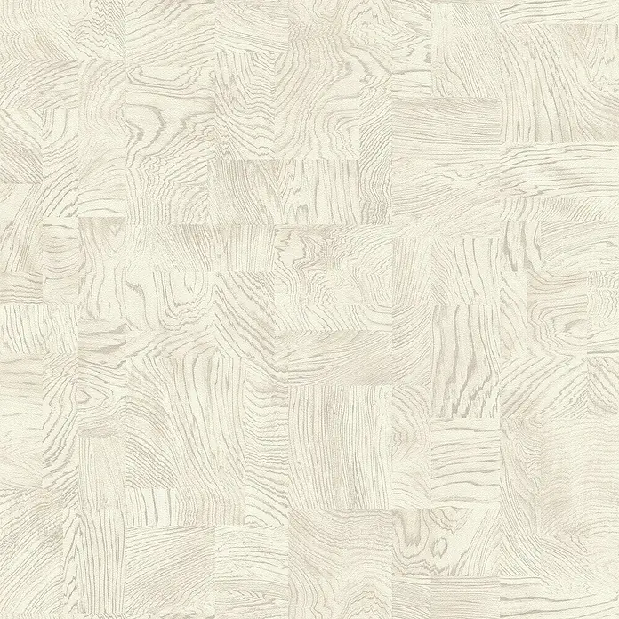 Rasch African Queen III Vliestapete Holz - Cremeweiß, Holzoptik, 10,05 x 0,53 m - Helles Holzparkett in quadratischem Muster. Die Oberfläche des Holzes zeigt eine feine Maserung, die dem Raum eine natürliche Textur verleiht.