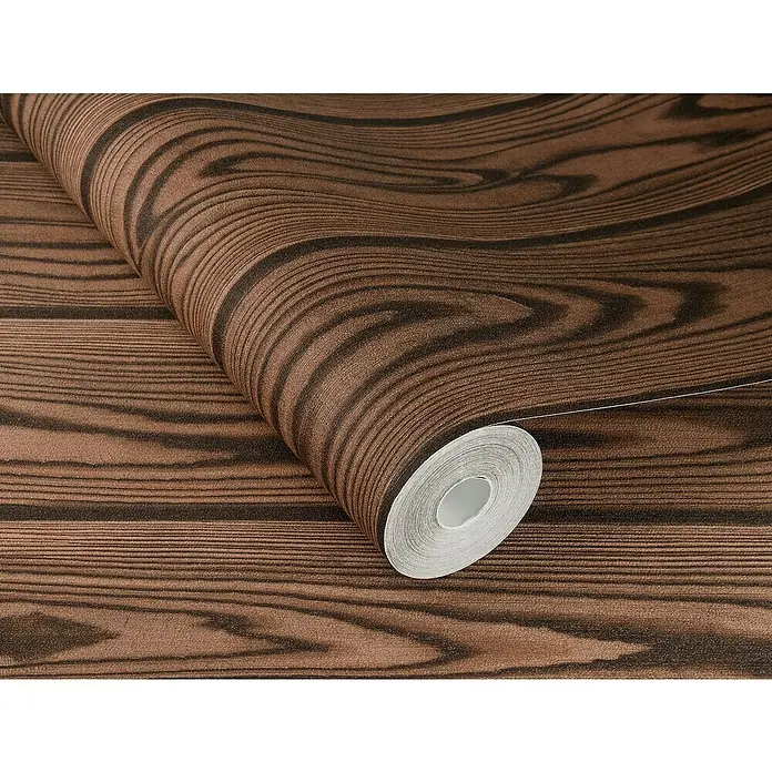 Rasch Factory V Vliestapete Holz - Dunkelbraun, Holzoptik, 10,05 x 0,53 m - Ein detailreiches Bild einer Rolle Holzmaserung-Tapete mit dunklen und hellbraunen Farbtönen, die eine natürliche Holzstruktur nachahmt.
