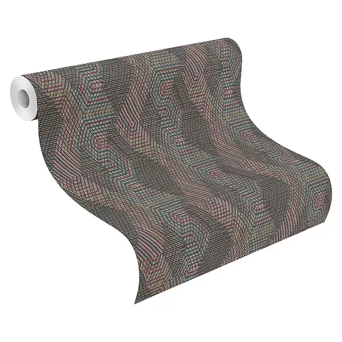 Rasch African Queen III Vliestapete Ethnomuster - Dunkelrot, Grafisch, 10,05 x 0,53 m - Tapetenrolle mit dunkelgrauer Basis und einem geometrischen Muster aus roten, blauen, gelben und weißen Linien.